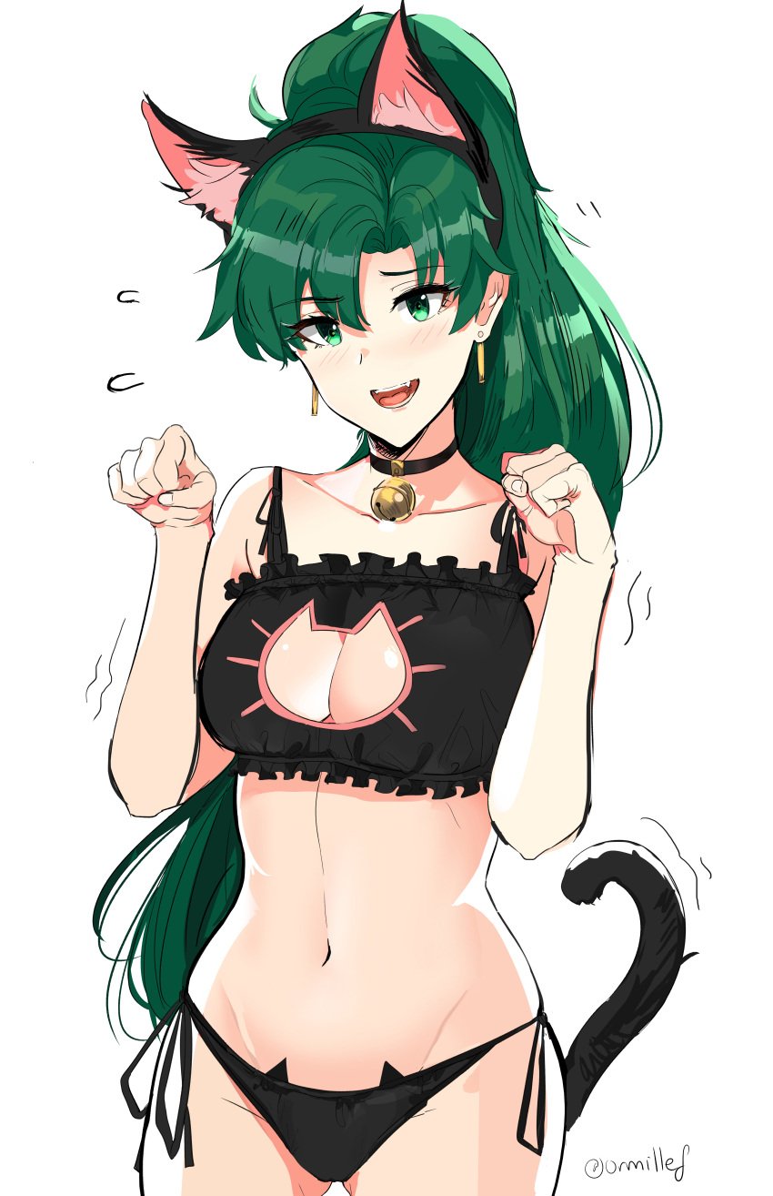 1girls absurdres animal_ears ass_visible_through_thighs bangs bare_arms bare_shoulders bell bell_choker black_bra black_choker black_hairband black_lingerie black_panties blush bra breasts cat_bell cat_cutout cat_day cat_ear_panties cat_ears cat_keyhole_bra cat_keyhole_lingerie cat_lingerie cat_pose cat_tail choker cleavage cleavage_cutout clothing_cutout collarbone commentary_request cowboy_shot earrings eyelashes fake_animal_ears fake_tail female fire_emblem fire_emblem:_the_blazing_blade flying_sweatdrops frilled_bra frills green_eyes green_hair hairband hands_up high_ponytail highres jingle_bell large_breasts lingerie long_hair looking_at_viewer lyn_(fire_emblem) meme_attire midriff motion_lines navel neck_bell nintendo ormille panties paw_pose photoshop_(medium) ponytail side-tie_panties simple_background solo standing stomach tail tail_raised twitter_username underwear white_background