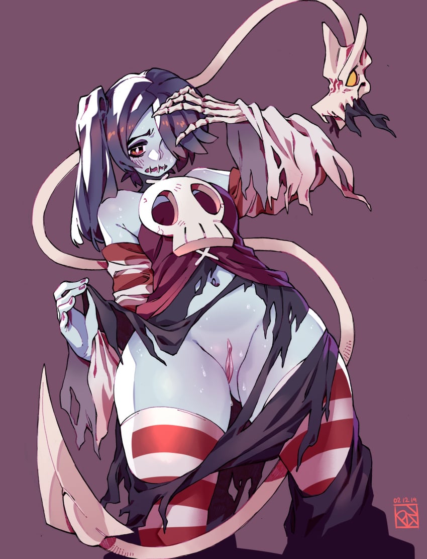 1girls blue_skin clothing_damage female leviathan_(skullgirls) poch4n pussy skeletal_hand skullgirls squigly striped_legwear thighhighs thunder_thighs zombie