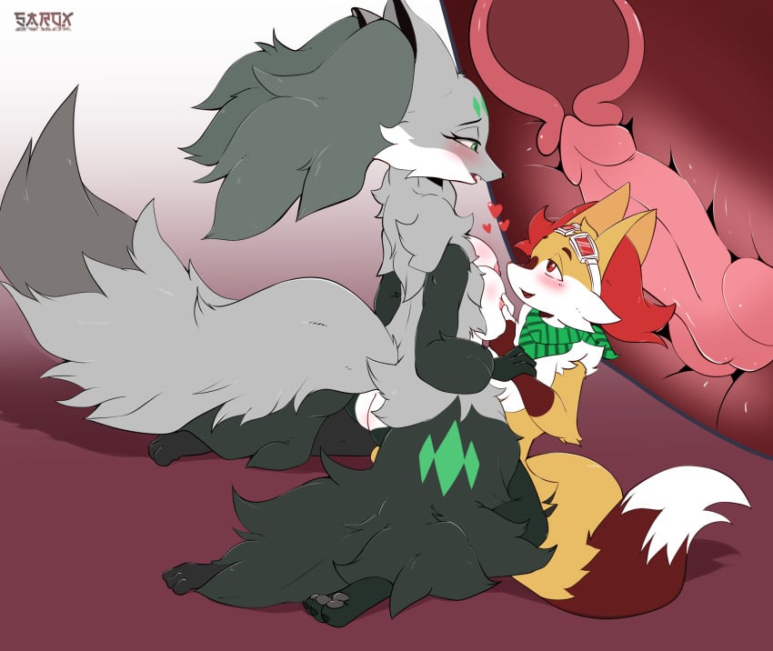 absurd_res animal_genitalia animal_penis anthro ass black_body black_fur black_tipped_ears braixen breast_play breasts canine_penis delphox duo female flare_the_delphox fur generation_6_pokemon genitals green_eyes green_markings grey_body grey_fur heart hi_res internal knot knotting male male/female markings miro_the_braixen nintendo penis pleased_expression pokémon_(species) pokemon pokemon_(species) red_eyes sarox video_games white_body white_fur white_tipped_tail yellow_body yellow_fur