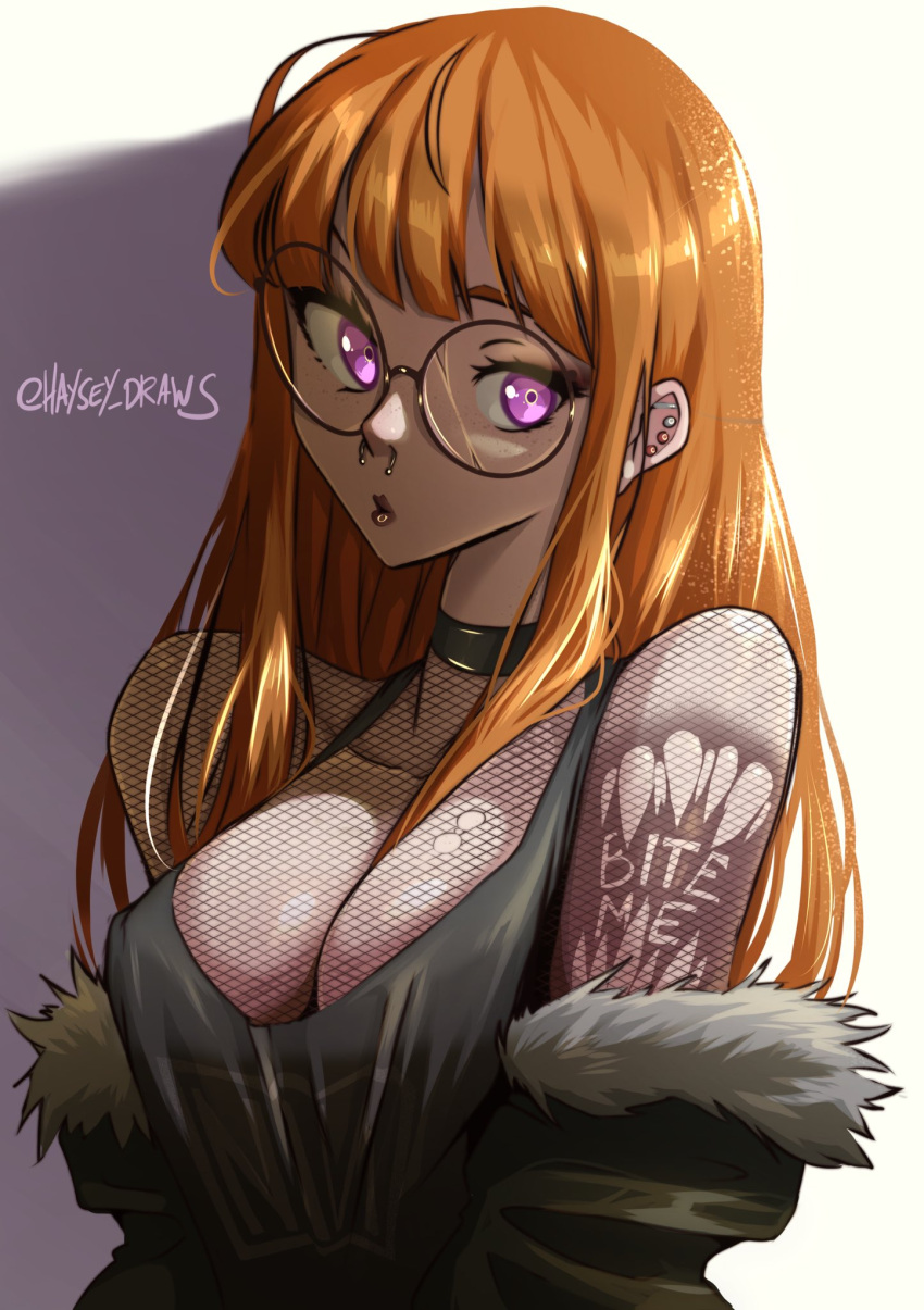 1girls alternate_breast_size bangs choker cleavage earrings fishnet_shirt fishnets fully_clothed glasses goth goth_girl gothified haysey_draws jacket_partially_removed large_breasts lipstick looking_at_viewer looking_to_the_side nose_piercing nose_ring orange_hair persona persona_5 piercing purple_eyes round_glasses sakura_futaba septum_piercing signature tank_top tattoo teenager