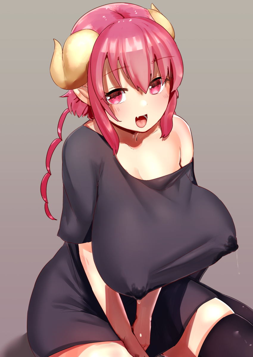 1girls big_breasts breasts eye_contact female horns huge_breasts ilulu_(dragon_maid) large_breasts looking_at_viewer miss_kobayashi's_dragon_maid monster_girl nipple_bulge red_eyes red_hair solo thick_thighs thighhighs thighs tyamame589