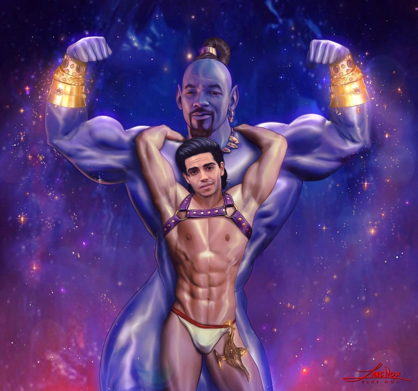 2boys abs aladdin aladdin_(character) arab_male bara biceps celebrity disney disney_prince djinn fictional_interracial flexing gay genie genie_(aladdin) harness human male male/male male_on_male male_only mena_massoud muscles pose posing text underwear watermark will_smith yaoi zane_nox