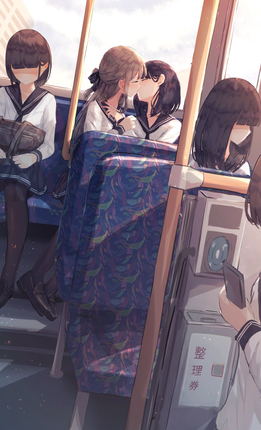 5girls benebare benevole black_hair brown_hair bus bus_interior closed_eyes exhibitionism faceless_female female female_only french_kiss hi_res highres human human_only kissing multiple_girls original public_transportation school_uniform schoolgirl seat sitting yuri べねばれ