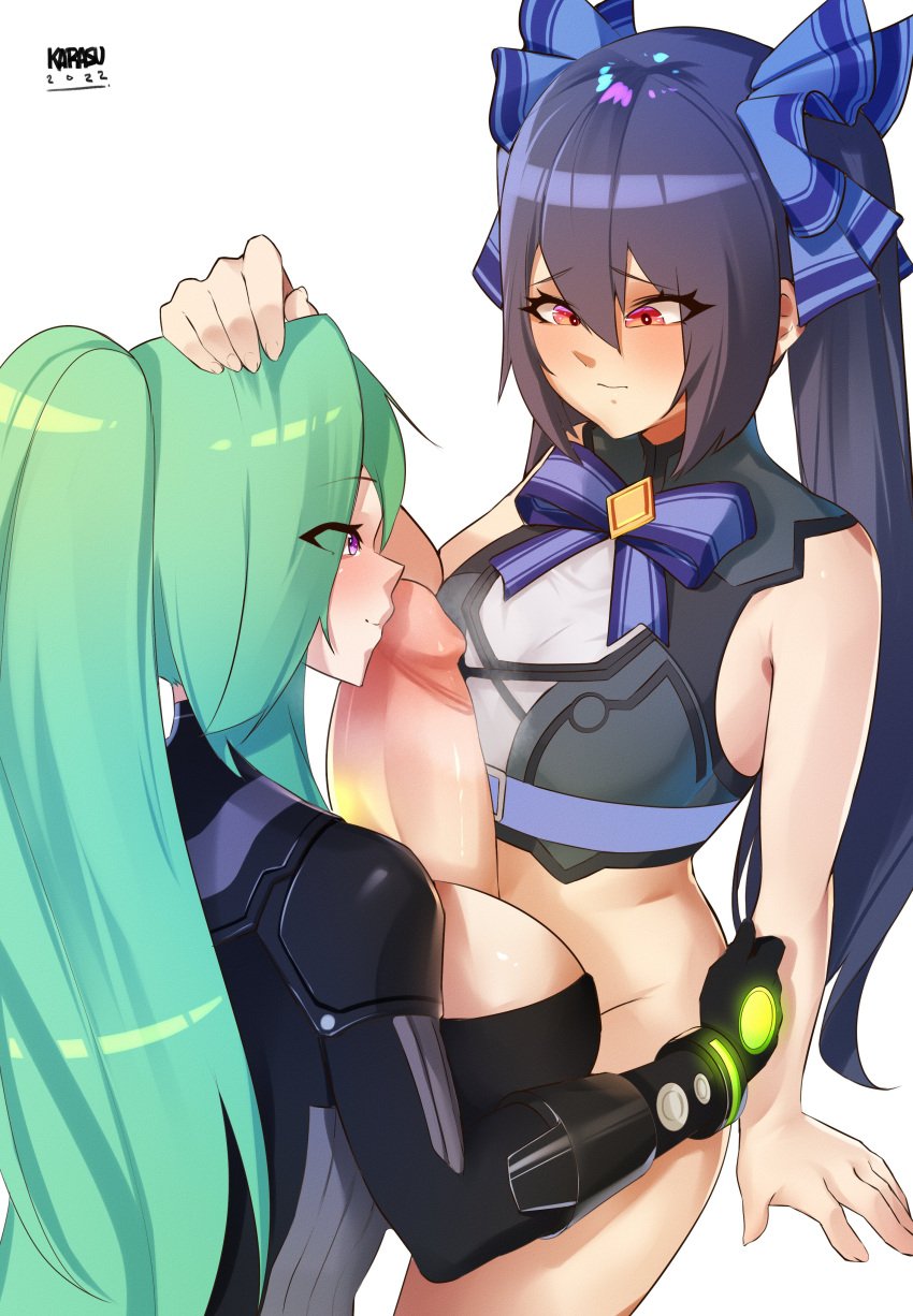 1futa 1girls 2022 big_breasts black_hair bottomless bow breasts clothed clothing copyright_request duo erection female fully_clothed futanari green_hair green_heart hair_between_eyes hairbow huge_cock human hyperdimension_neptunia karasuart07 light-skinned_futanari light_skin long_hair neptunia_(series) noire paizuri partially_clothed penis sitting twintails vert