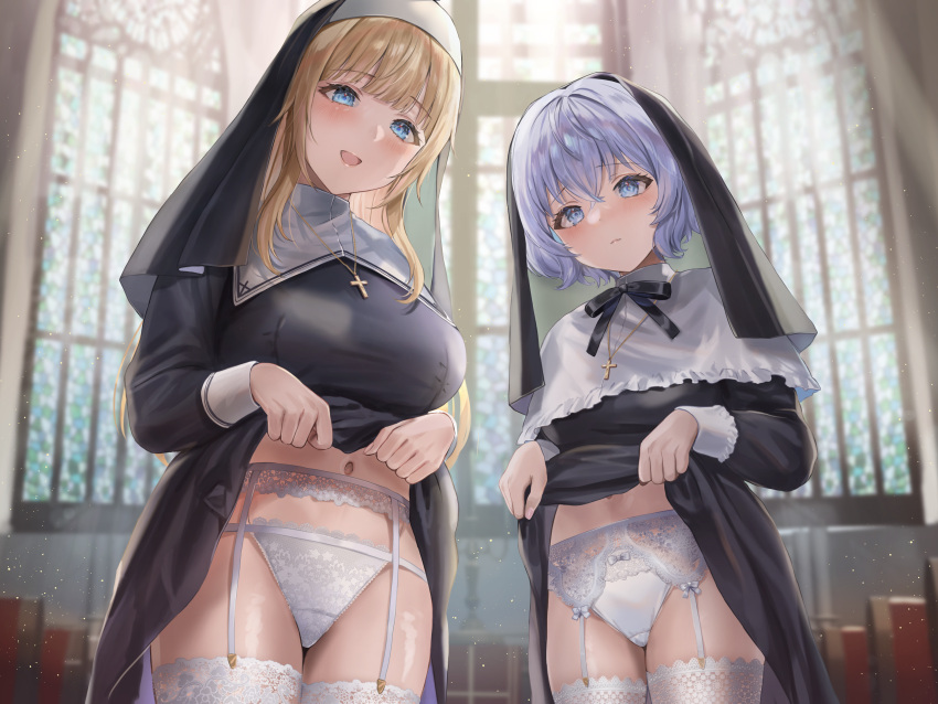 2girls absurdres blonde_hair blue_eyes blue_hair clothes_lift dress_lift female female_only garter_belt garter_straps highres lace_garter_belt lace_panties lace_stockings lifted_by_self looking_at_viewer non-web_source nun open_mouth sakamuke smile stockings