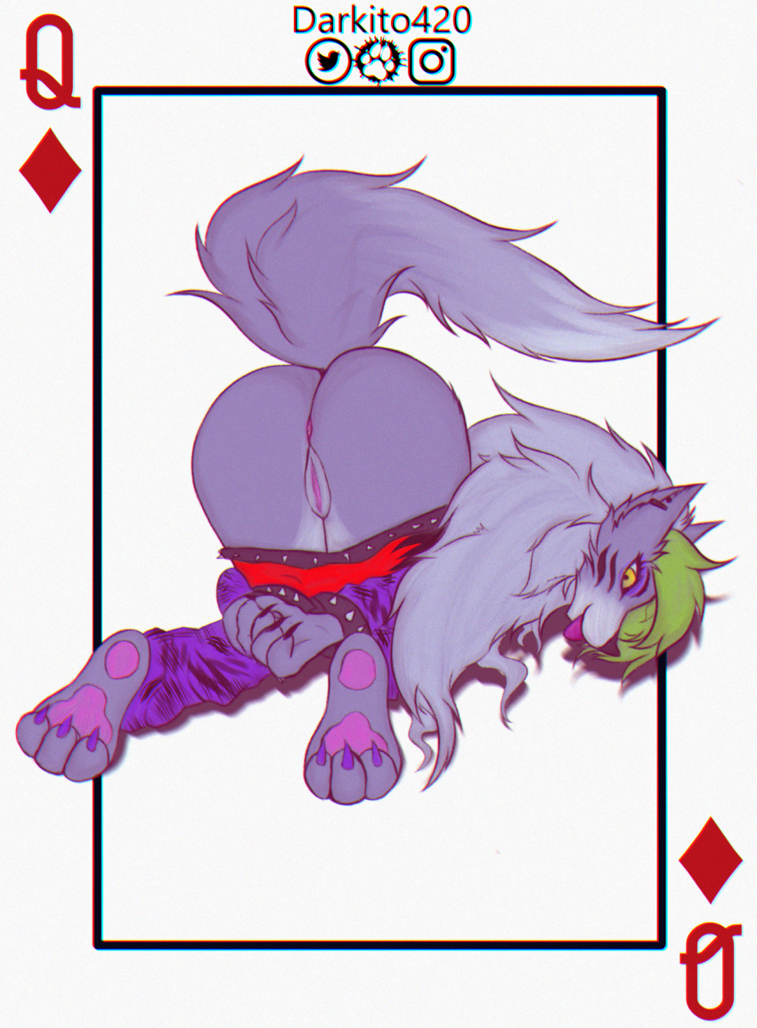 anthro ass breasts canid canine canis darkito420 digital_media_(artwork) ear_piercing female five_nights_at_freddy's five_nights_at_freddy's:_security_breach fur genitals hair hi_res mammal nude piercing pussy roxanne_wolf_(fnaf) scottgames simple_background smile solo video_games wolf