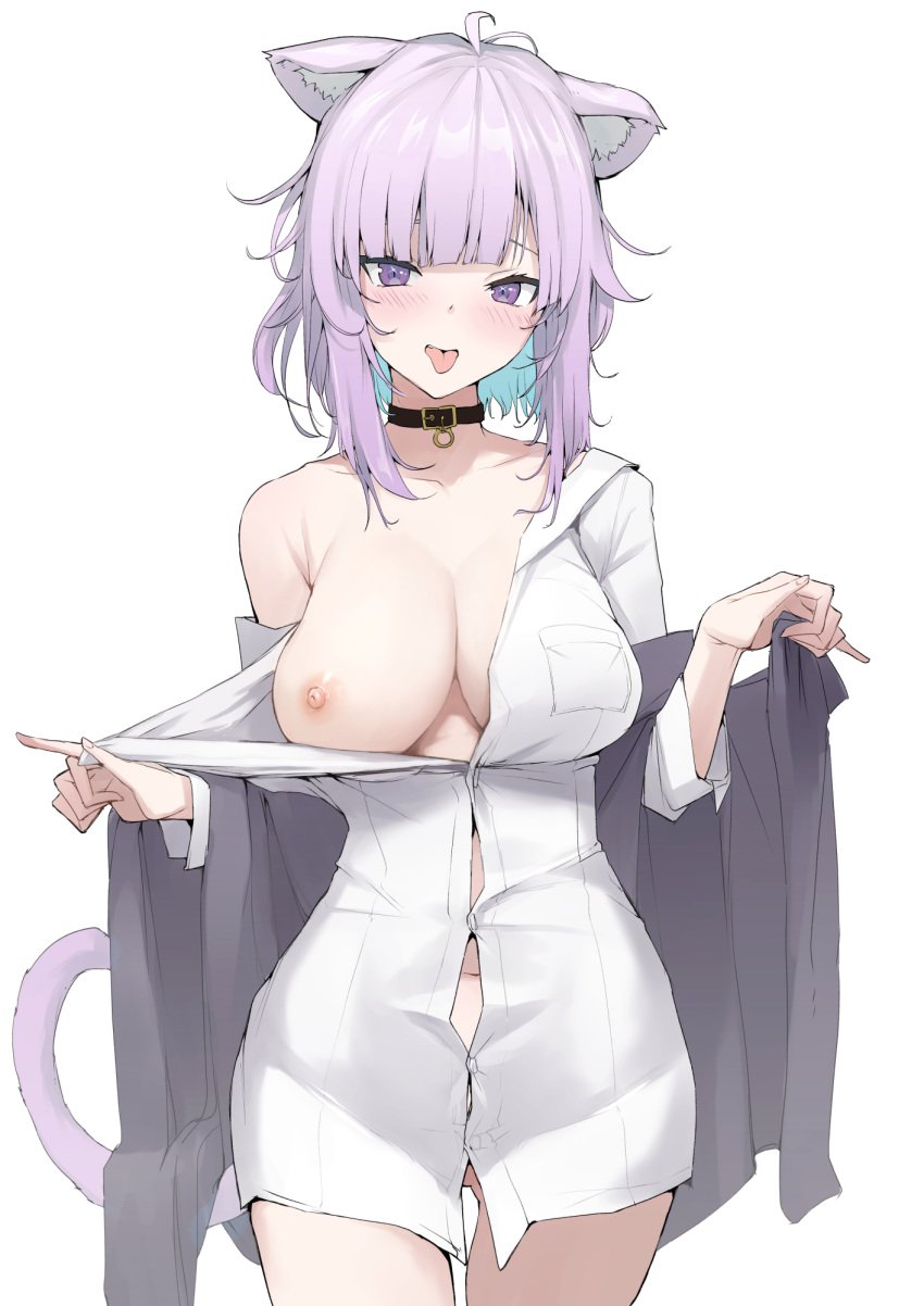 ahoge animal_ear_fluff animal_ears black_choker black_jacket blue_hair blush breasts button_gap cat_ears cat_girl cat_tail choker cleavage clothes_pull colored_inner_hair cowboy_shot female highres hololive hololive_gamers hololive_japan jacket large_breasts long_sleeves looking_at_viewer medium_hair mitsuru_(pixiv_34028718) multicolored_hair naked_shirt nekomata_okayu nipples off_shoulder open_clothes open_jacket pulled_by_self purple_eyes purple_hair shirt shirt_pull simple_background solo standing tail tongue tongue_out virtual_youtuber white_background