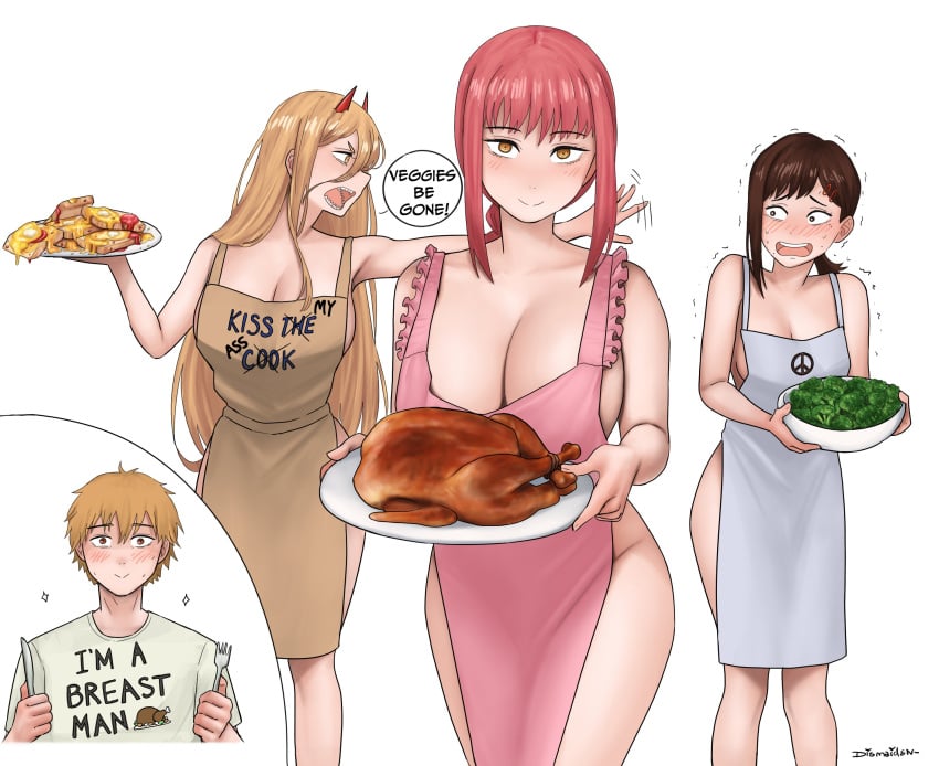 1boy 3girls apron_only big_ass big_breasts blonde_hair chainsaw_man chicken cleavage denji_(chainsaw_man) dismaiden female higashiyama_kobeni imminent_eating light-skinned_female makima_(chainsaw_man) offering_food power_(chainsaw_man) shounen_jump sideboob thanksgiving thick_thighs voluptuous wide_hips