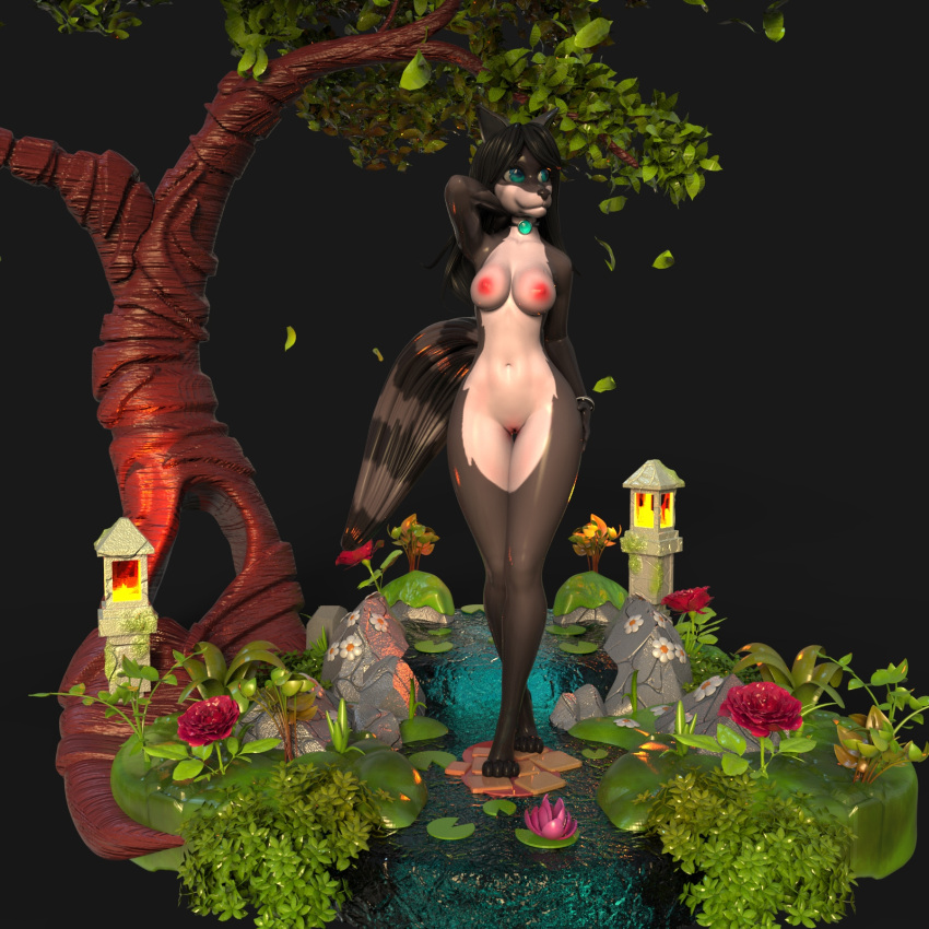 3d_(artwork) anthro black_hair black_nose blue_eyes breasts caravanvinci choker digital_media_(artwork) female garden hair hi_res jewelry mammal necklace night nude outside plant procyonid raccoon sila_dione solo tree