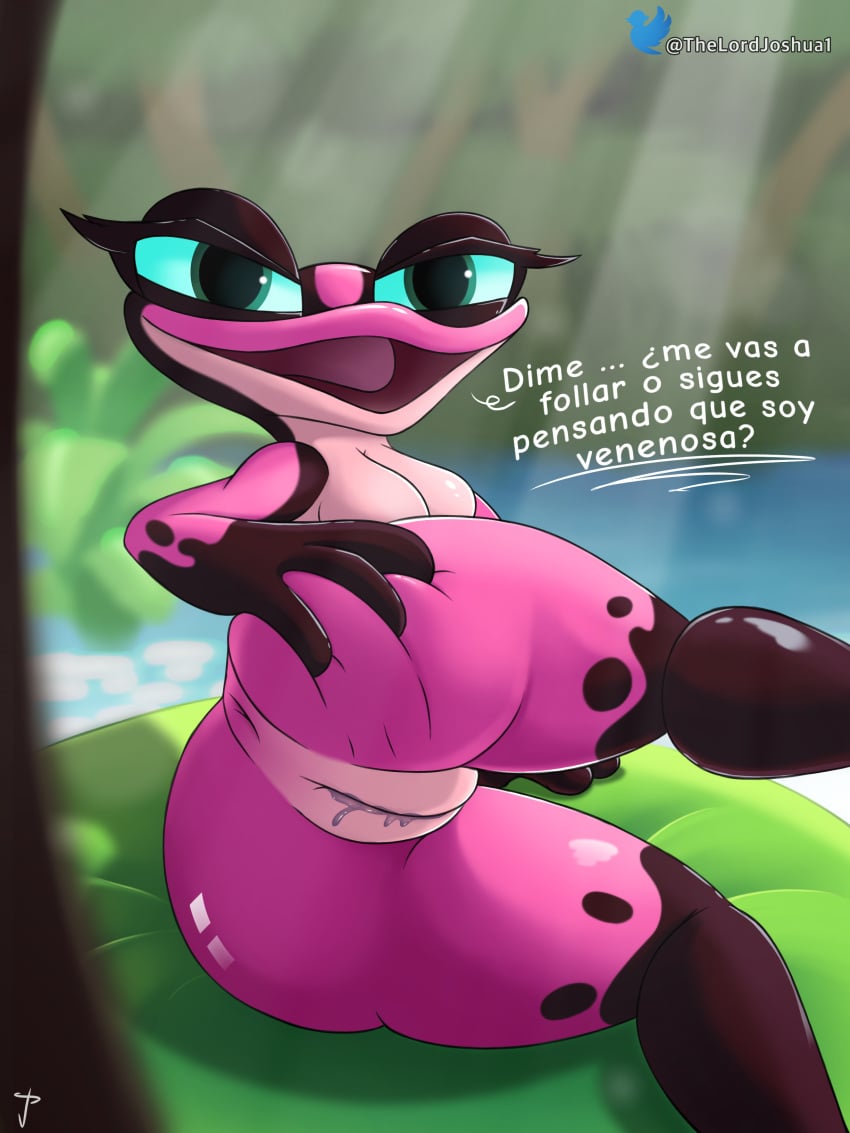 absurd_res amphibian anthro anus ass big_butt black_spots blue_eyes blue_sky_studios bodily_fluids breasts curvy_female dialogue female frog gabi_(rio) genital_fluids genitals hi_res hispanic holding_butt jungle light light_beam looking_at_viewer lying nature nature_background nenuphar pink_body plant presenting presenting_hindquarters pussy pussy_juice rio_(series) rio_2 scalie solo spanish_text spots spread_legs spreading tabs text thelordjoshua thelordjoshua1 thick_thighs tropical water wet wet_body