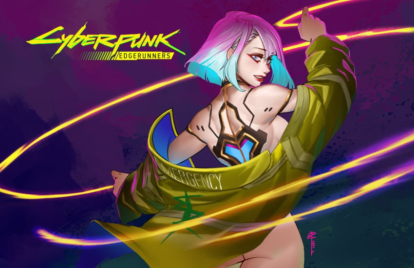 1girls asian asian_female ass bare_ass big_ass big_breasts cd_projekt_red cybernetics cyberpunk:_edgerunners cyberpunk_2077 cyborg female female_only haohi_oterin jacket_only light-skinned_female light_skin lucyna_kushinada monowire multicolored_hair netflix nude short_hair studio_trigger white_hair