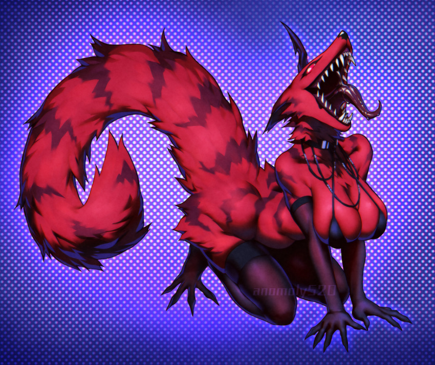 anomoly520 ass big_tail breasts clawed_fingers collar fangs furry horn long_gloves red_eyes red_fur saliva saliva_on_tongue spit tail thighhighs tongue tongue_out