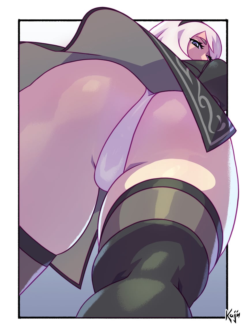 1girls android ass ass_focus dat_ass highres kajin_(kajinman) kajinman leotard looking_at_viewer nier:_automata nier_(series) panties solo solo_female viewed_from_below white_background white_hair white_panties yorha_2b