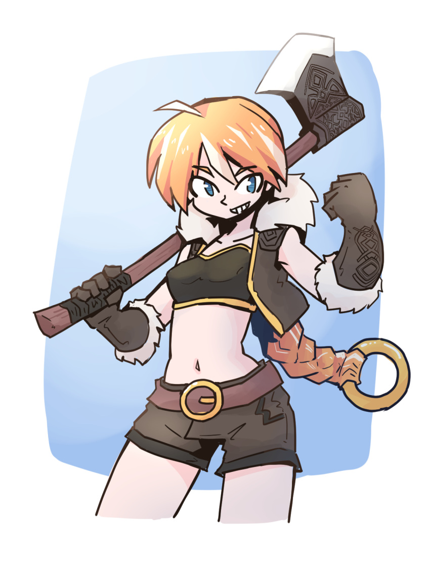 axe battle_axe belly belly_button belly_exposed clenching_fist first_sfw_of_character fist hi_res high_quality holding_axe holding_object holding_weapon juztplay leather_gloves light-skinned_female ponytail sfw shorts warrior warrior_girl_(juztplay) white_background wool_(fur)