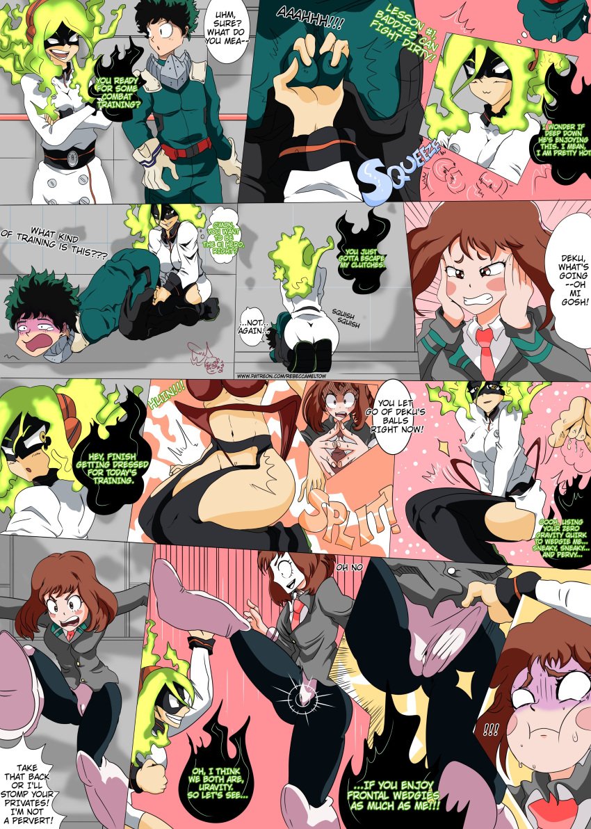 !!! 1boy 2girls absurd_res artist_signature ballbusting comic cunt_punt cuntbusting english_text femdom hi_res izuku_midoriya my_hero_academia ochako_uraraka patreon_username rebecca_meltow signature speech_bubble text