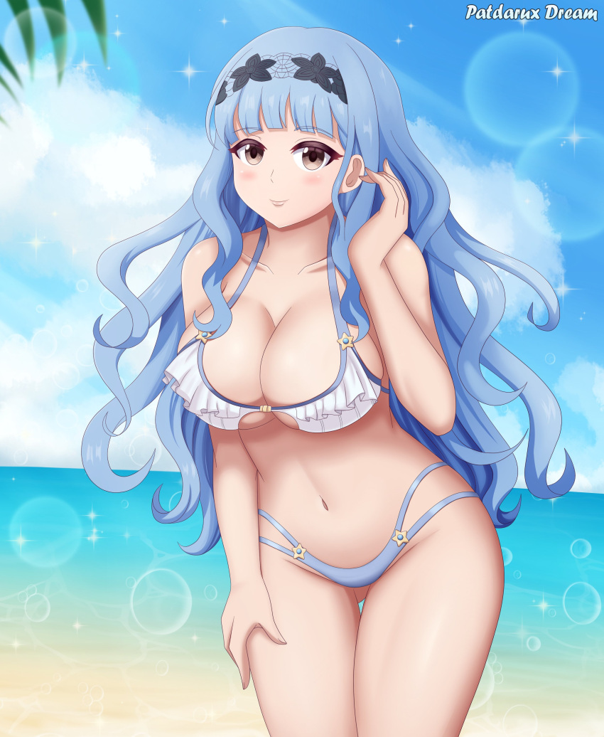 alternate_costume alternate_hairstyle bikini blue_hair breasts female female_only fire_emblem fire_emblem:_three_houses fire_emblem_warriors:_three_hopes looking_at_viewer marianne_von_edmund nintendo official_alternate_hairstyle patdarux solo swimsuit white_bikini white_swimsuit