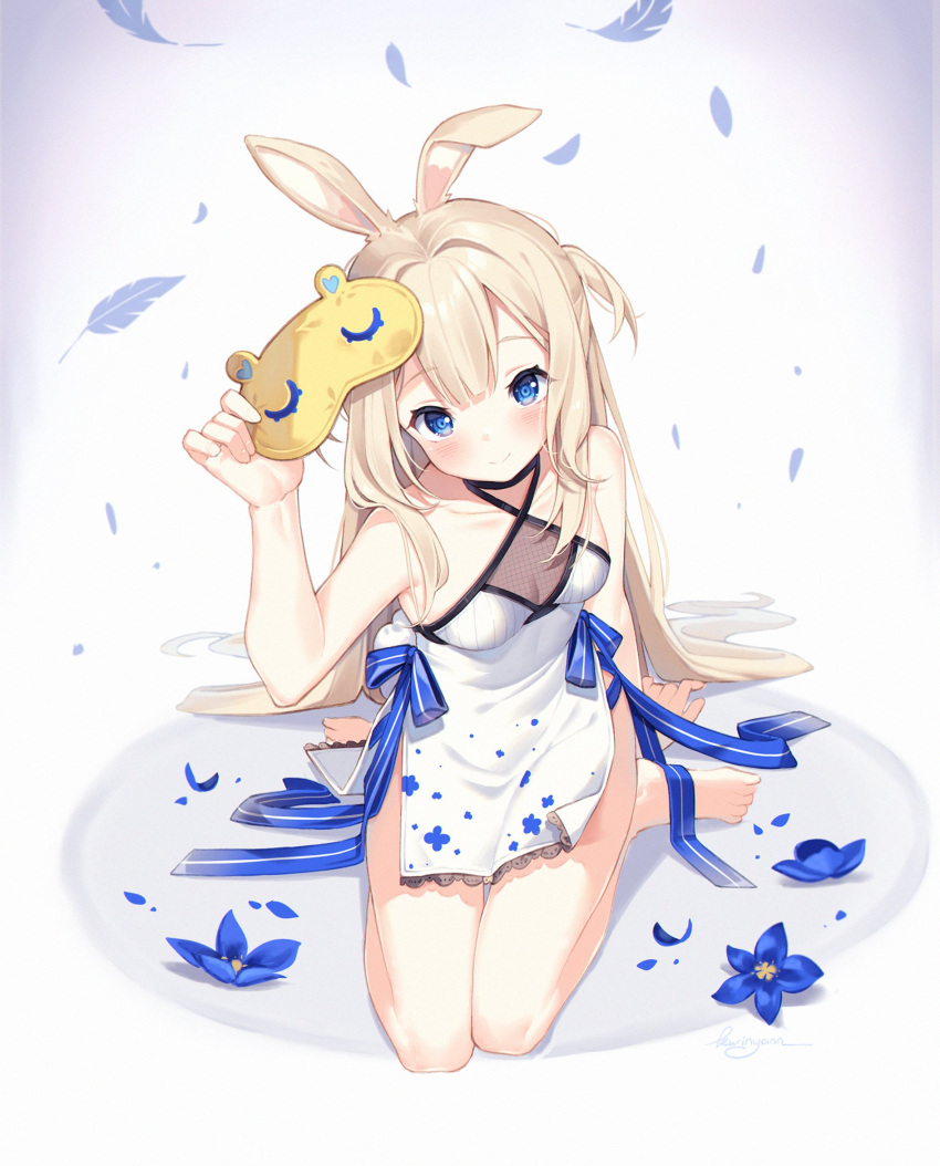 1girl animal animal_ears bangs bare_arms bare_legs bare_shoulders barefoot blonde_hair blue_eyes blue_flower blush breasts bunny_ears bunny_girl bunny_tail closed_mouth diagonal_stripes dress eyebrows_visible_through_hair feathers female_only flower full_body hair_between_eyes long_hair looking_at_viewer on_head petals ribbon seiza sitting sleeveless sleeveless_dress small_breasts smile solo striped striped_background two_side_up vertical_stripes very_long_hair virtual_youtuber vyugen white_dress yenko