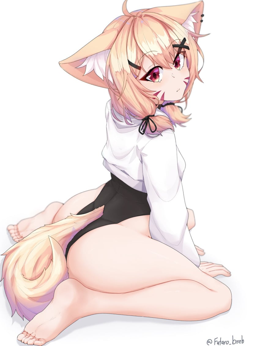 1girl ahoge animal_ear_fluff animal_ears ass bangs bare_legs barefoot between_legs blonde_hair breasts cat_ears cat_tail catgirl closed_mouth eyebrows_visible_through_hair face_markings feet fox_ears fox_tail full_body hair_between_eyes hair_ornament hairclip hand_between_legs leotard long_hair long_sleeves looking_at_viewer looking_back low_twintails pinstripe_pattern pout red_eyes ribbed_leotard shirt sitting soles solo squchan_(vtuber) striped striped_shirt tail toes twintails vertical_stripes virtual_youtuber vtuber vyugen wariza white_background white_shirt