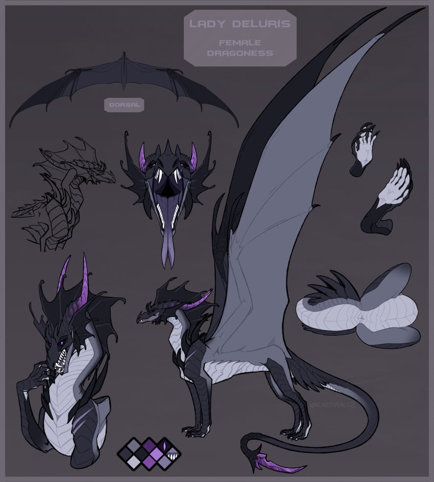 absurd_res ambiguous_gender black_frill color_swatch dragon fangs female feral forked_tongue frill_(anatomy) front_view grey_body grey_scales grey_wings head_crest head_frill hi_res horn kardinaluz lady_deluris model_sheet mouth_shot open_mouth purple_horn quadruped ridged_horn scales scalie shadowwolfhunter side_view simple_background solo spread_wings tongue wings