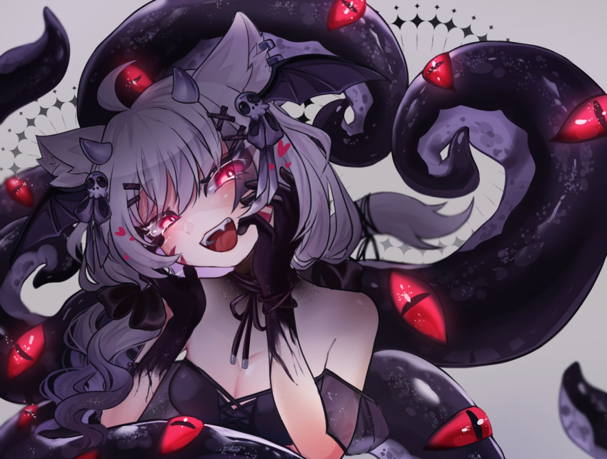 1girl :d ahoge bangs bare_shoulders black_dress black_ribbon blood breasts cat_ears cat_tail catgirl choker cleavage collarbone cup dress eyebrows_visible_through_hair face_markings fangs gloves grey_hair hair_ornament heart long_hair looking_at_viewer nashitoumi open_mouth red_eyes ribbon silver_hair smile solo squchan_(vtuber) strapless teeth tentacle tentacles tongue twintails upper_body virtual_youtuber vtuber vyugen wings