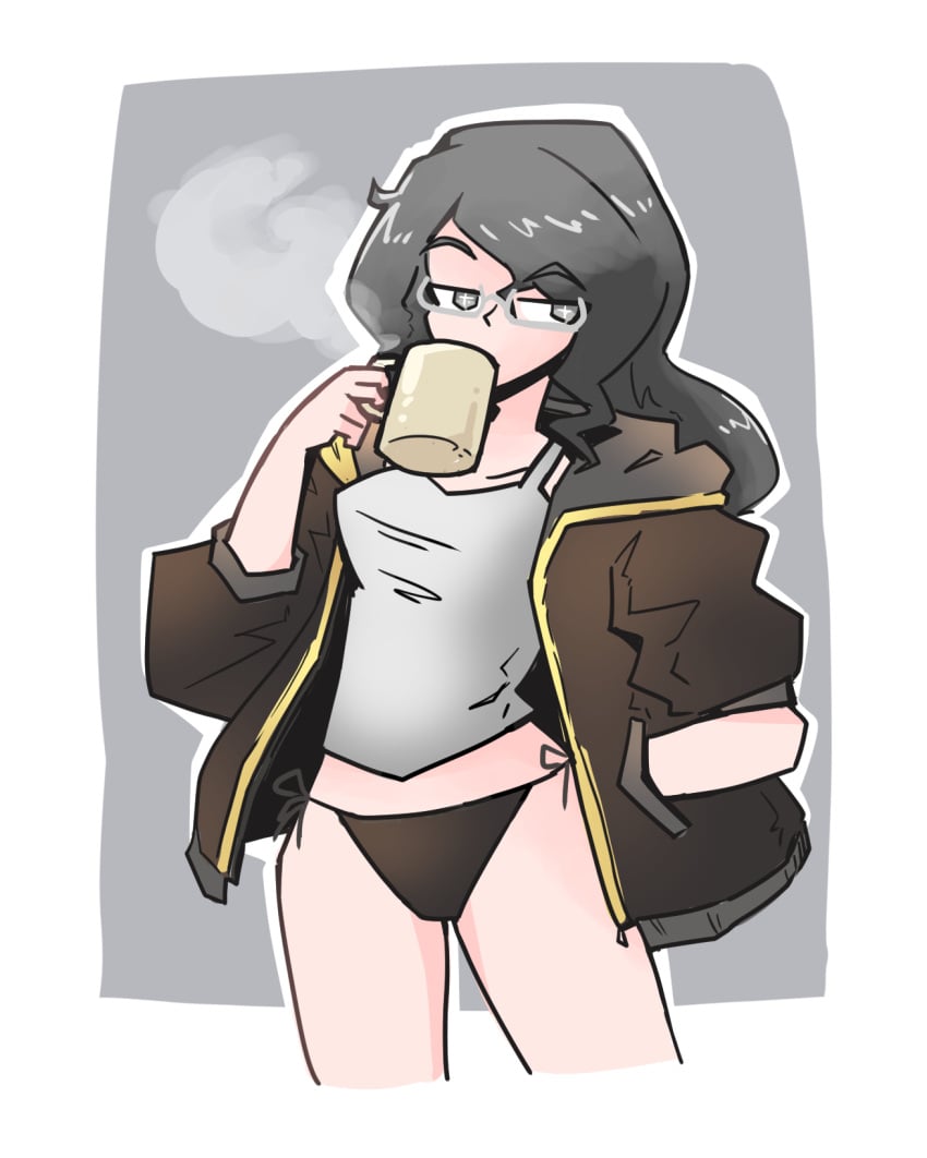 april_(juztplay) black_hair black_panties coffee coffee_cup coffee_mug drinking drinking_coffee eyebrows_raised eyebrows_visible_through_hair glasses hand_in_pocket hand_on_object hi_res high_quality jacket juztplay long_black_hair long_hair no_pants panties sfw tank_top