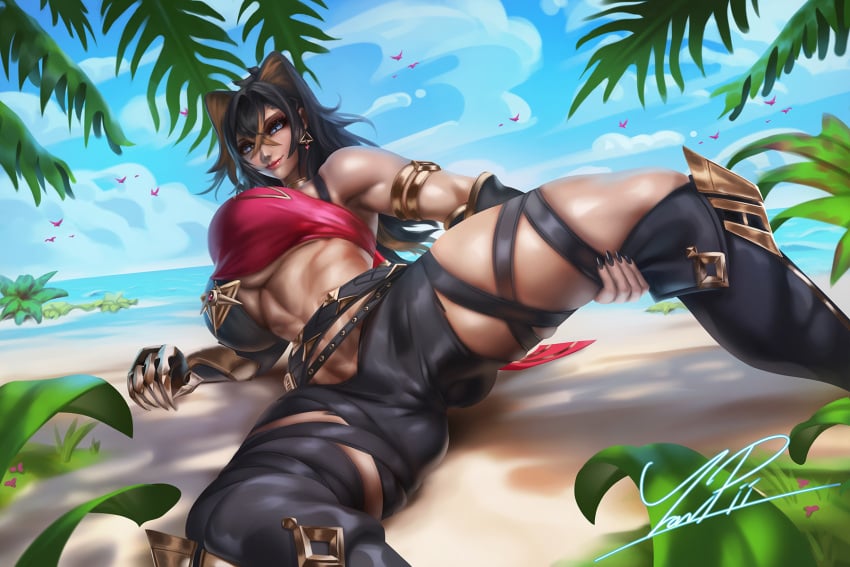 1girls 2022 arm_support beach big_breasts black_hair blue_eyes breasts brown_hair cameltoe clothed clothing dehya_(genshin_impact) detailed_background female female_only fully_clothed genshin_impact hair_between_eyes human light-skinned_female light_skin long_hair looking_at_viewer on_back skindentation solo spread_legs two_tone_hair underboob water yonpii