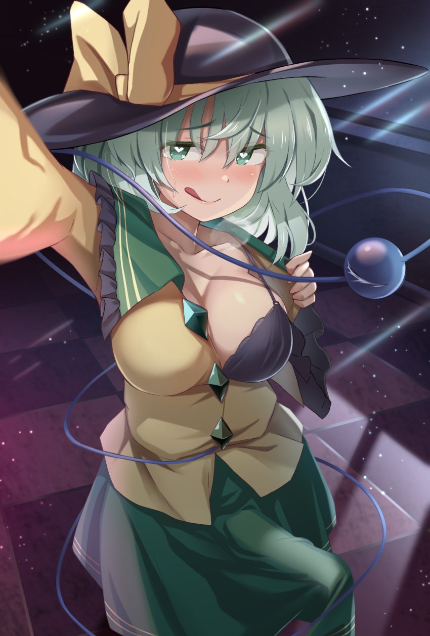 1futa :q big_breasts big_penis black_bra black_headwear blush bra breasts clothed clothing collarbone commentary_request erection erection_under_clothes eyeball fully_clothed futa_only futanari green_eyes green_hair green_skirt hat heart heart-shaped_pupils highres human koishi_komeiji licking_lips light-skinned_futanari light_skin long_sleeves looking_at_viewer medium_breasts penis selfie shiratsuki_shiori shirt short_hair skirt solo standing symbol-shaped_pupils tenting third_eye tongue tongue_out touhou underwear yellow_shirt