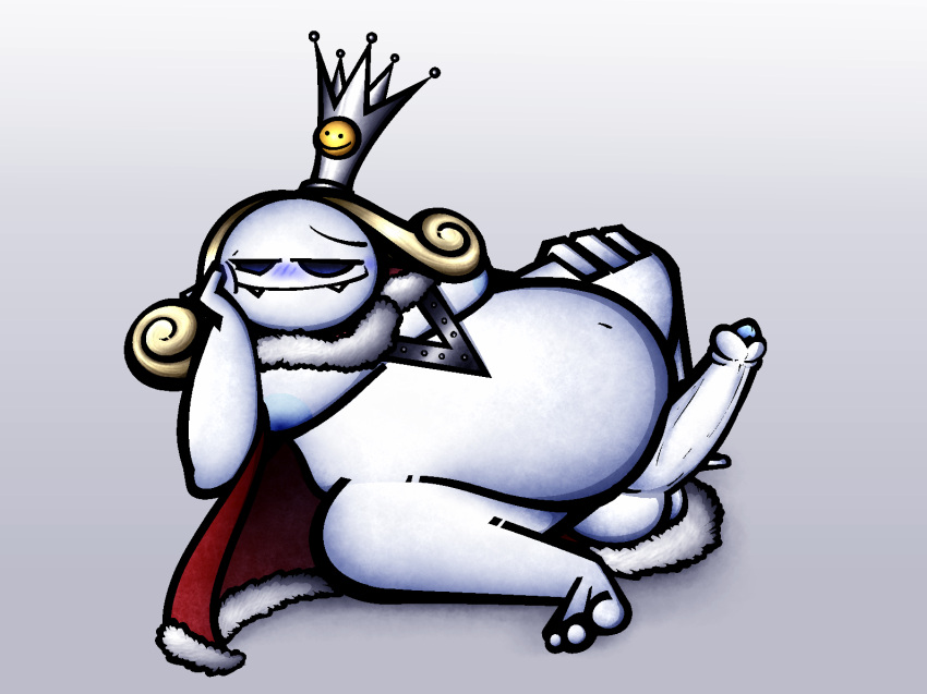 balls ballsack blonde_hair blush blushing_at_viewer cape chubby chubby_male crown dick fat feet gay jack_frost_(megami_tensei) king king_frost large_penis lazy looking_at_viewer lying_on_side male male_only megami_tensei moobs penis penis_out relaxed shin_megami_tensei stomach thick