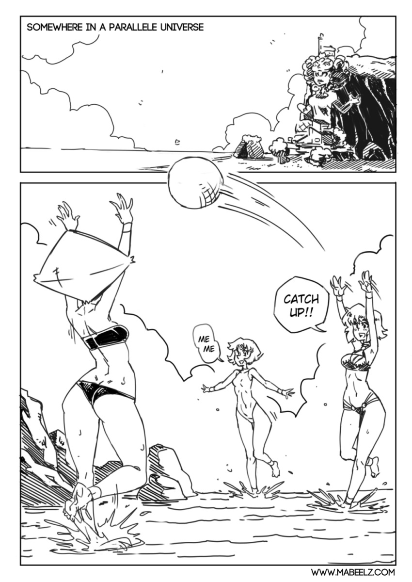 3girls alien_girl beach beach_volleyball bikini black_and_white comic_page doujinshi female_only lapis_lazuli_(steven_universe) mabeelz one-piece_swimsuit pearl_(steven_universe) peridot_(steven_universe) side-tie_bikini steven_universe wide_hips