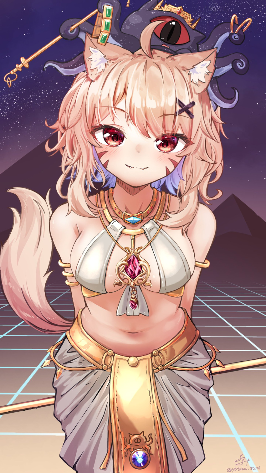 1girl :3 ahoge animal_ear_fluff animal_ears armlet arms_behind_back bandeau bangs bare_shoulders blonde_hair blush breasts cat_ears cat_girl cat_tail catgirl cleavage closed_mouth collarbone cowboy_shot eyebrows_visible_through_hair face_markings facial_mark fang fox_tail gem hair_ornament jewelry large_breasts long_hair looking_at_viewer medium_breasts medium_hair midriff miqo'te navel necklace night night_sky piercing red_eyes signature skirt sky smile solo squchan_(vtuber) standing star_(sky) star_(symbol) starry_sky stomach tail tail_raised u_da_desu virtual_youtuber vtuber vyugen yotaka_sumi