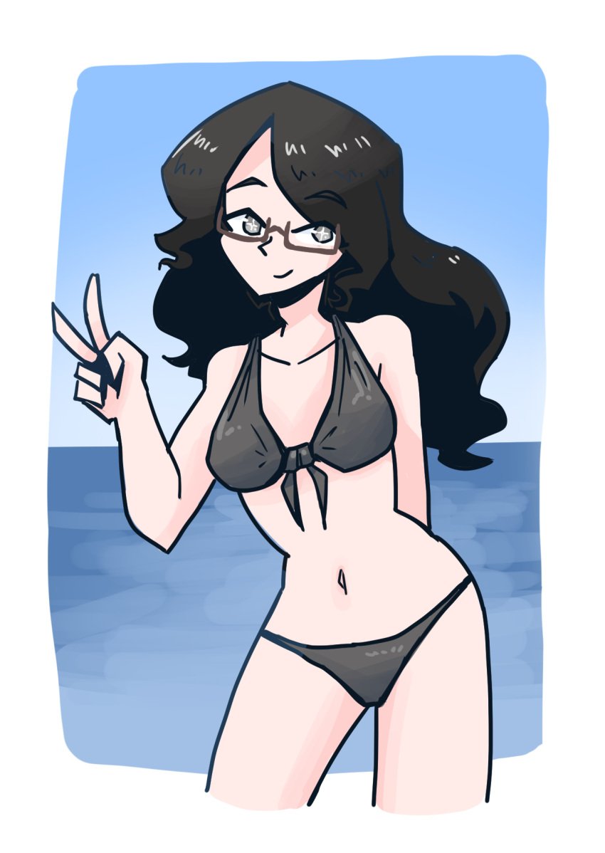 april_(juztplay) bikini bikini_top black_bikini black_hair black_panties glasses hi_res high_quality juztplay long_black_hair long_hair panties peace_sign sfw smile tied_bikini tied_bikini_top white_background