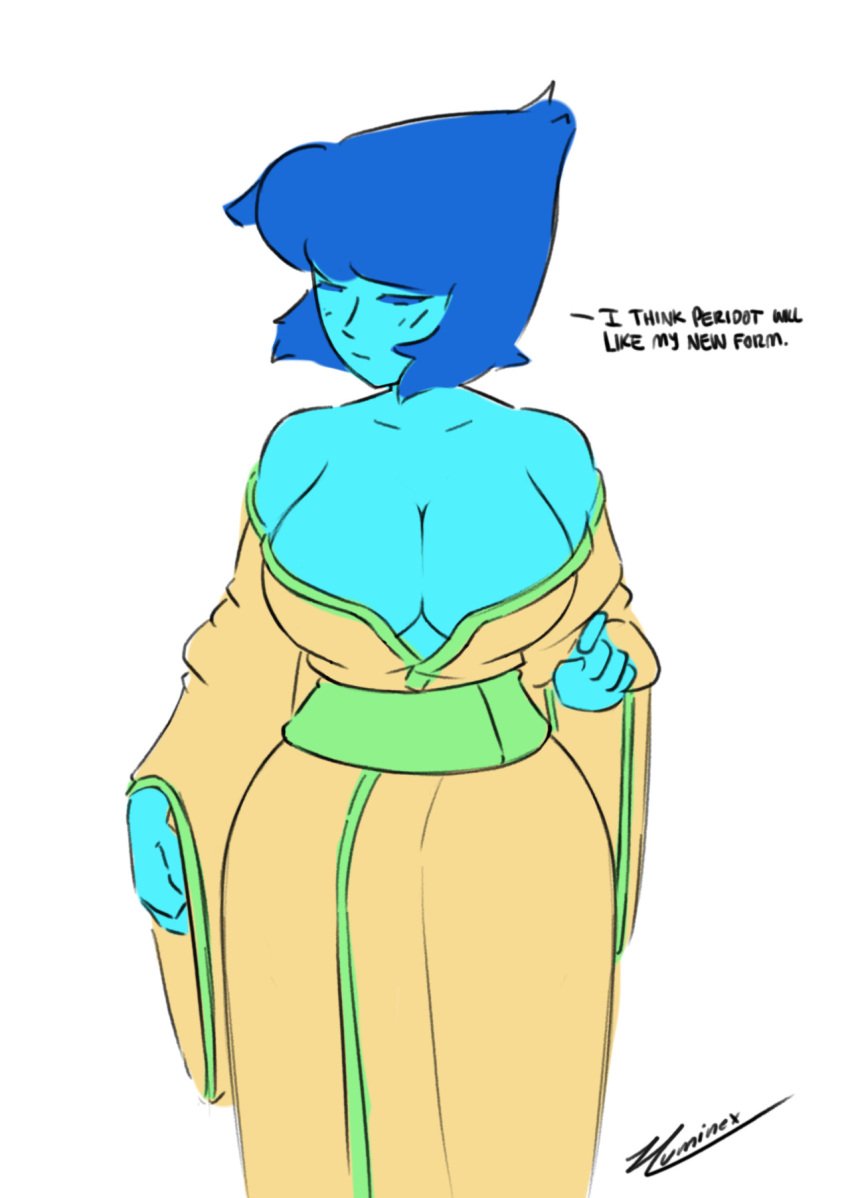 1girls alternate_breast_size alternate_costume artist_signature bare_shoulders belt blue_hair blue_skin blush blush breasts cleavage closed_eyes curvy female female_focus female_only gown green_belt lapis_lazuli_(steven_universe) large_breasts numinex one_hand_up seductive short_hair simple_background sleeves solo solo_female solo_focus steven_universe white_background wide_hips wide_sleeves yellow_clothing