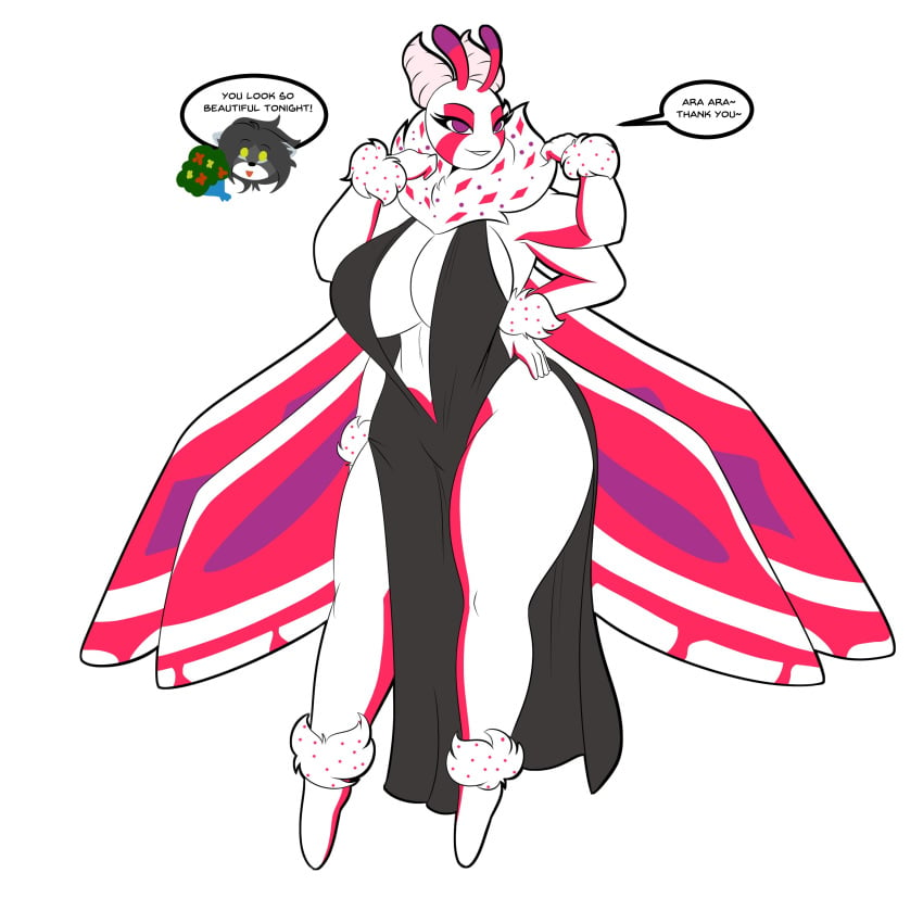 anthro big_breasts breasts clothed date dialogue dress female flowers friday_night_funkin furry insect lunarartstudios_(artist) moth navel sakuroma_(retrospecter) white_background wide_hips wings