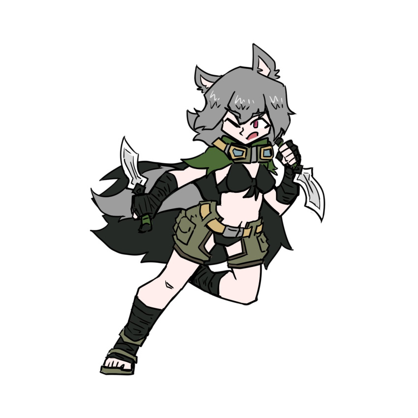 attacked black_bra black_panties cape dagger daggers goggles goggles_on_forehead holding_dagger holding_weapon juztplay leaf_cloak open_mouth panties pink_eyes rogue_the_wolf_girl_(juztplay) sandals sfw wolf wolf_ears wolf_girl wolf_humanoid