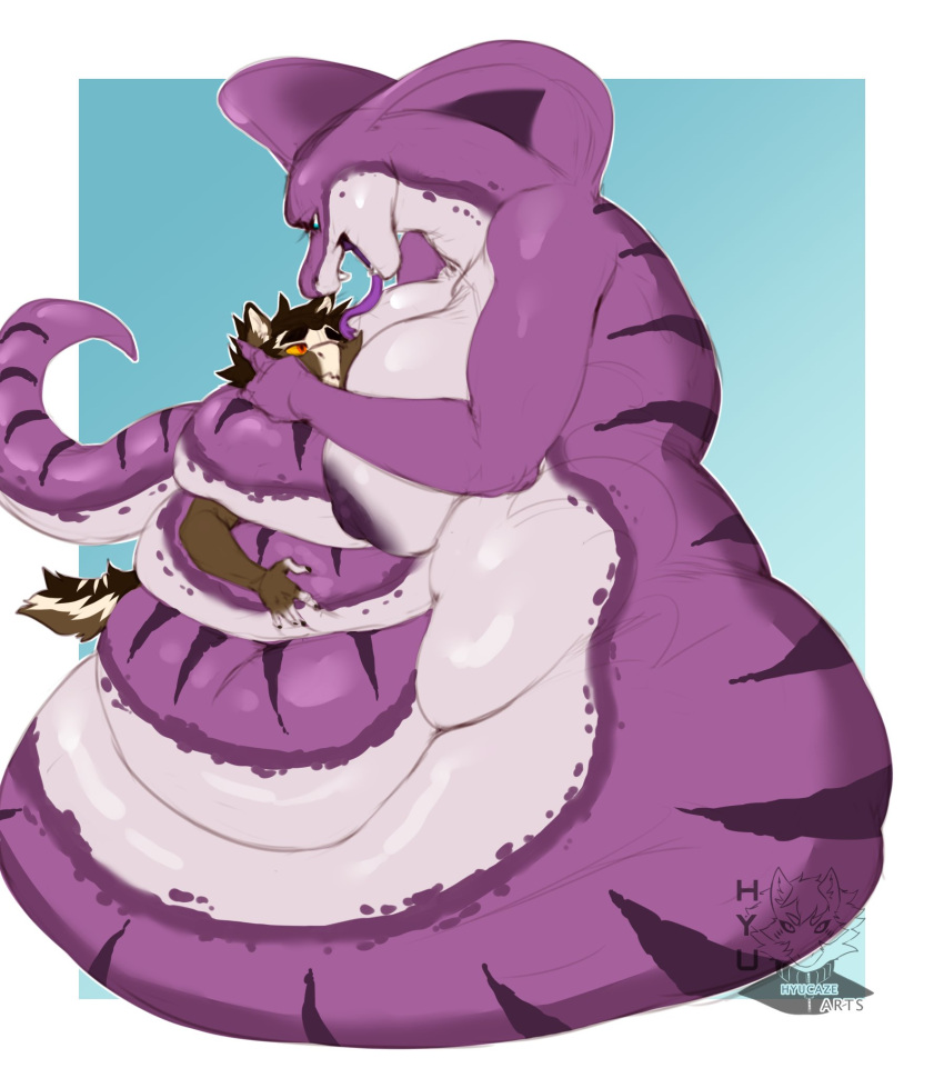 anthro apode big_breasts blue_eyes breasts canid canine cobra coiling draconcopode duo fangs female fur hair hi_res huge_breasts hyu_(hyucaze) hyucaze larger_female legless long_tongue male mammal naga nipples nude purple_body purple_scales reptile scales scalie serpentine size_difference smaller_male snake snake_hood tongue yesenia_(character)