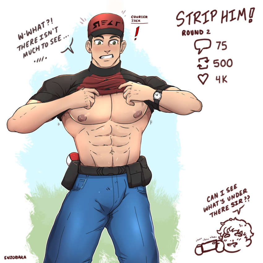 abs courier_(pokemon) dialogue english_text enzobara male male_only muscles muscular muscular_male npc_trainer pecs pokemon pokemon_sv shirt_lift shirt_up strip_game