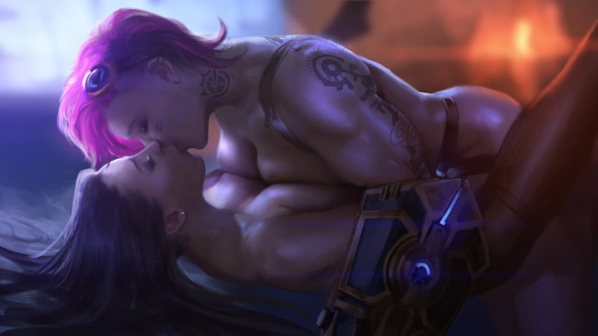 2girls absurdres arm_tattoo asymmetrical_docking biceps blue_hair breast_press breast_squish breasts caio_santos caitlyn_kiramman canon_couple closed_eyes couple dildo earrings female/female female_on_top female_only gauntlets highres implied_penetration kissing league_of_legends lesbian lesbian_couple lesbian_kiss lesbian_sex lesbians long_hair lying missionary multiple_girls muscular muscular_female mutual_yuri neck_tattoo nude on_back passionate pink_hair sex sex_toy shaved_side sidecut spread_legs strap-on tattoo vi yuri