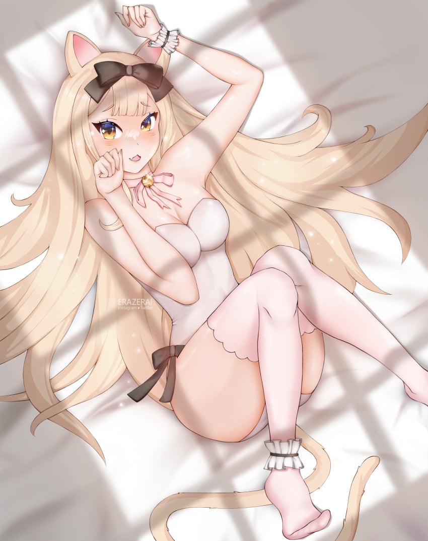 1girl animal_ears arm_up armpits artist_name ass bangs bare_shoulders bed_sheet bell bell_collar black_bow blonde_hair blunt_bangs blurry blurry_background blush bow breasts cat_ears cat_girl cat_tail choker cleavage depth_of_field eyebrows_visible_through_hair female_only full_body hair_bow jingle_bell leotard long_hair looking_at_viewer lying medium_breasts no_shoes on_back open_mouth panties paw_pose solo strapless striped striped_legwear tail thighhighs tongue tongue_out underwear vertical-striped_legwear vertical_stripes very_long_hair virtual_youtuber vyugen white_legwear yellow_eyes yenko