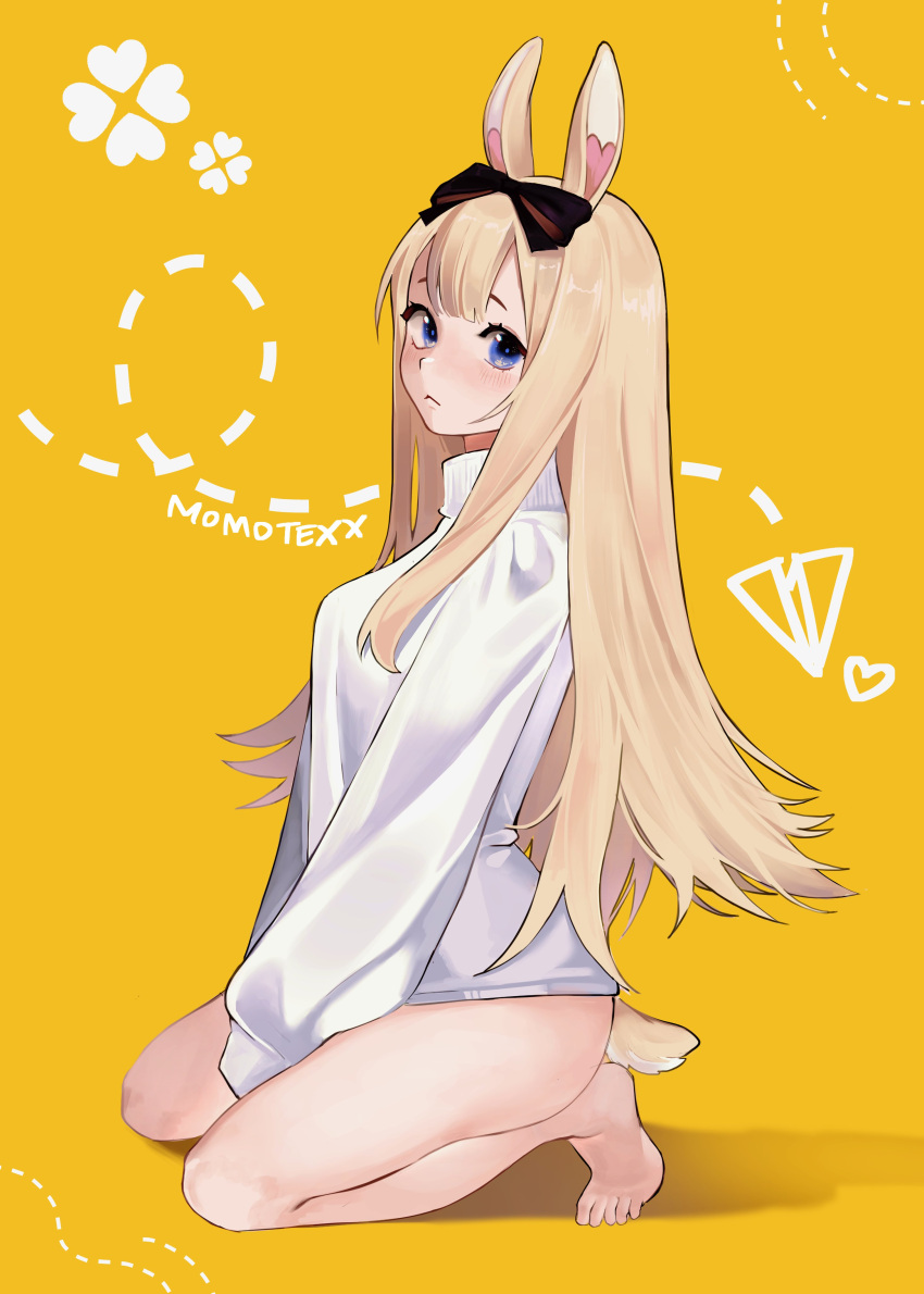 1girl :t animal_ears ass bangs bare_legs barefoot black_bow blonde_hair blue_eyes blush bow breasts bunny_ears bunny_girl bunny_tail closed_mouth collared_shirt dress_shirt eyebrows_visible_through_hair female_only from_side full_body hair_bow kneeling long_hair long_sleeves looking_at_viewer naked_shirt no_pants orange_background pout seiza shirt simple_background sitting solo tail underwear virtual_youtuber vyugen white_shirt yellow_background yenko