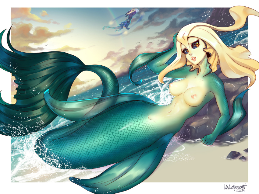 2020 absurdres artist_name aurelion_sol_(league_of_legends) bangs black_sclera blonde_hair border breasts clenched_hand collarbone colored_sclera colored_skin female fins green_skin highres large_breasts league_of_legends long_hair lying nami_(league_of_legends) ocean on_side orange_eyes outdoors parted_lips pussy slit_pupils smile solo_focus teeth velvetqueenh water white_border