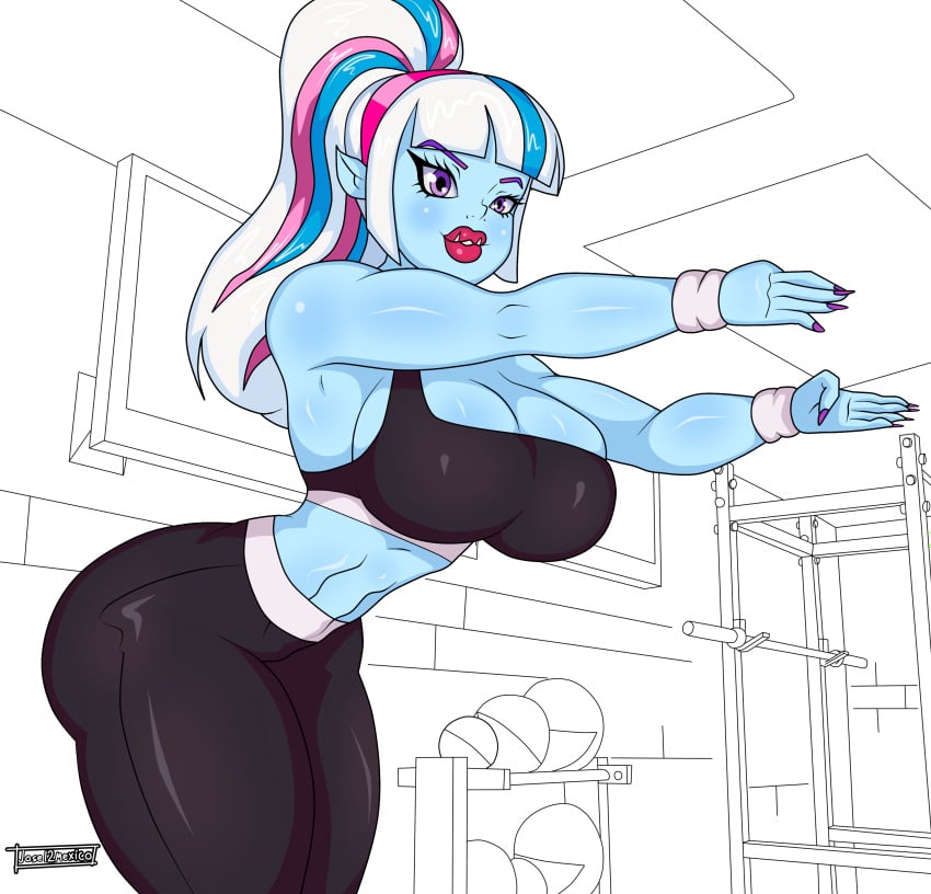 abbey_bominable abs alternate_breast_size big_breasts blue_body blue_skin jose12mexico looking_at_viewer monster monster_girl monster_high muscular muscular_anthro muscular_female pink_hair purple_hair sports_bra sports_uniform sportswear taller_female taller_girl white_hair workout yeti