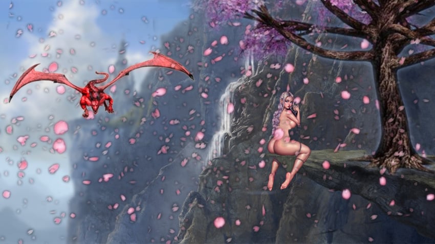 1girls ai_generated blue_eyes cherry_blossoms dragon elf female mountain naked naked_female original original_character red_dragon_(animal) silver_hair tagme white_hair