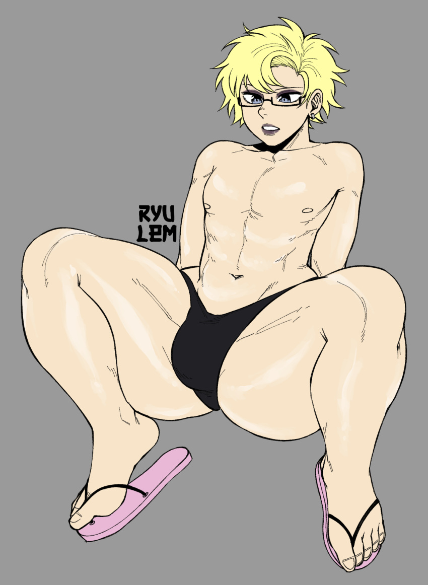 abs ambush_(trap) big_ass blonde_hair blue_eyes bulge earrings eyeliner femboy gay glasses lipstick oiled_skin ryulem sandles shirtless sin_juyo_(tealstarranger) speedo spread_legs thick_thighs thong trap yaoi