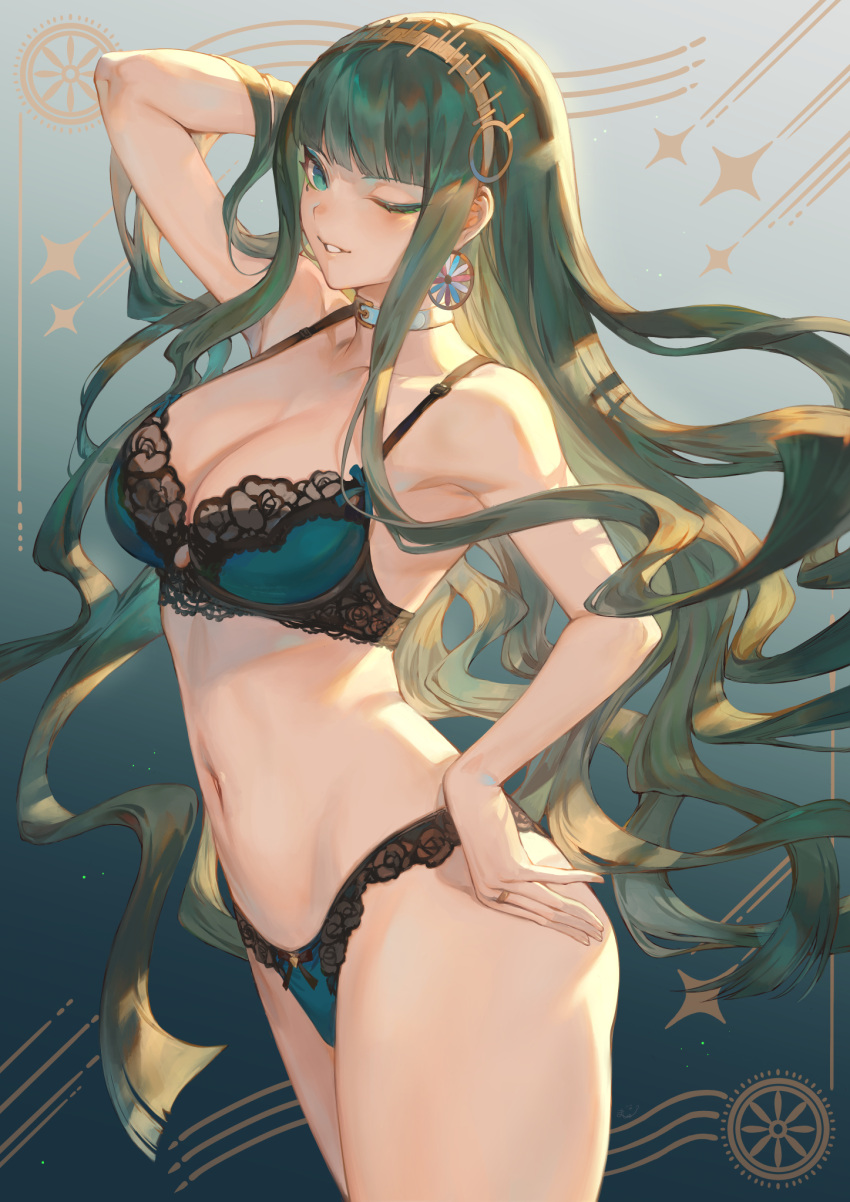 1girls alternate_costume animal_ears aqua_eyes arm_behind_head arm_up belly belly_button belt_buckle black_bra black_panties bra breasts buckle choker cleopatra_(fate) cute eyeliner fate/grand_order fate_(series) female female_focus female_only gold_hairband green_bra green_eyes green_hair green_panties hand_on_hip happy happy_girl hi_res high_resolution highres jewelry large_breasts light-skinned_female light_skin lingerie lingerie_bouquet long_hair looking_at_viewer makeup mashu_003 navel one_eye_closed only_female panties parted_lips ring shiny shiny_hair smile solo solo_female solo_focus stomach teeth underwear underwear_only very_long_hair wavy_hair wink