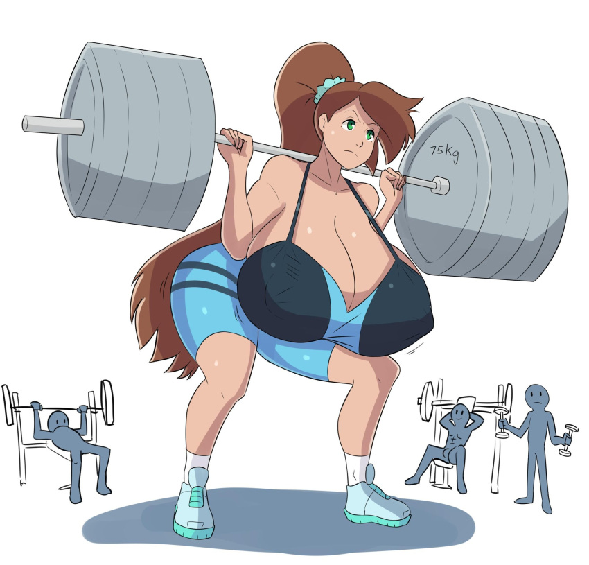 1girls anon big_ass breasts_bigger_than_head enormous_breasts gym huge_breasts hyper hyper_breasts lifting_weights long_hair massive_breasts rexcrash64 tagme