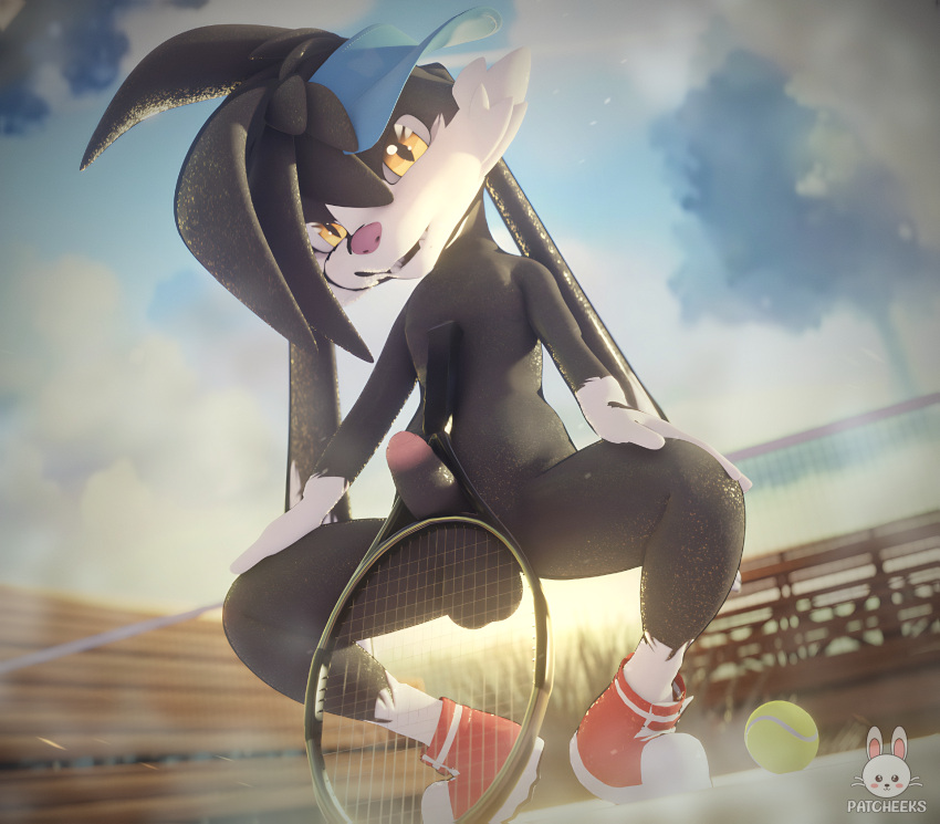 2022 3d anthro artist_name ball balls bandai_namco black_body black_fur blue_cap clothing digital_media_(artwork) digitigrade domestic_cat felid feline felis floppy_ears footwear fur genitals hat headgear headwear hi_res klonoa klonoa_(series) male mammal patcheeks penis plantigrade public public_nudity shoes solo sport tennis tennis_ball tennis_court tennis_racket video_games watermark white_body white_fur