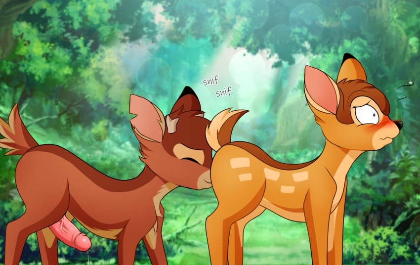 anal ass bambi bambi_(character) bambi_(film) brown_body brown_fur butt_sniffing cervid disney duo feral fire_conejo forest fur genitals hi_res male male/male mammal nose_to_anus oral penis pink_penis plant rimming ronno sex sniffing tree young young_on_young