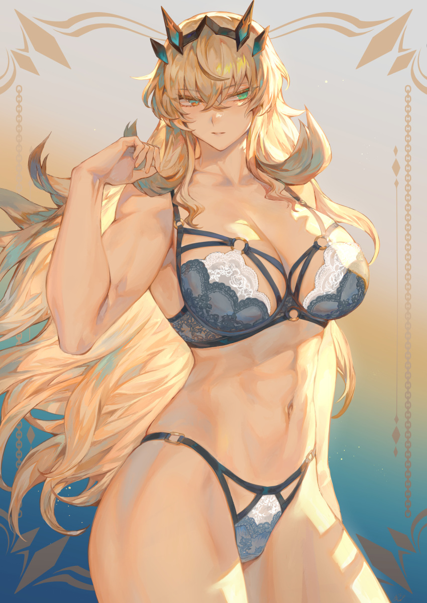 1girls abs alternate_costume arms_up bangs bare_shoulders barghest_(gawain)_(fate) belly belly_button biceps big_breasts blonde blonde_female blonde_hair bra breasts cleavage collarbone fate/grand_order fate_(series) female female_focus female_only green_eyes grey_bra grey_panties hi_res high_resolution highres horns large_breasts light-skinned_female light_skin lingerie long_hair looking_to_the_side mashu_003 muscular_female navel only_female panties solo solo_female solo_focus stomach thighs underwear underwear_only