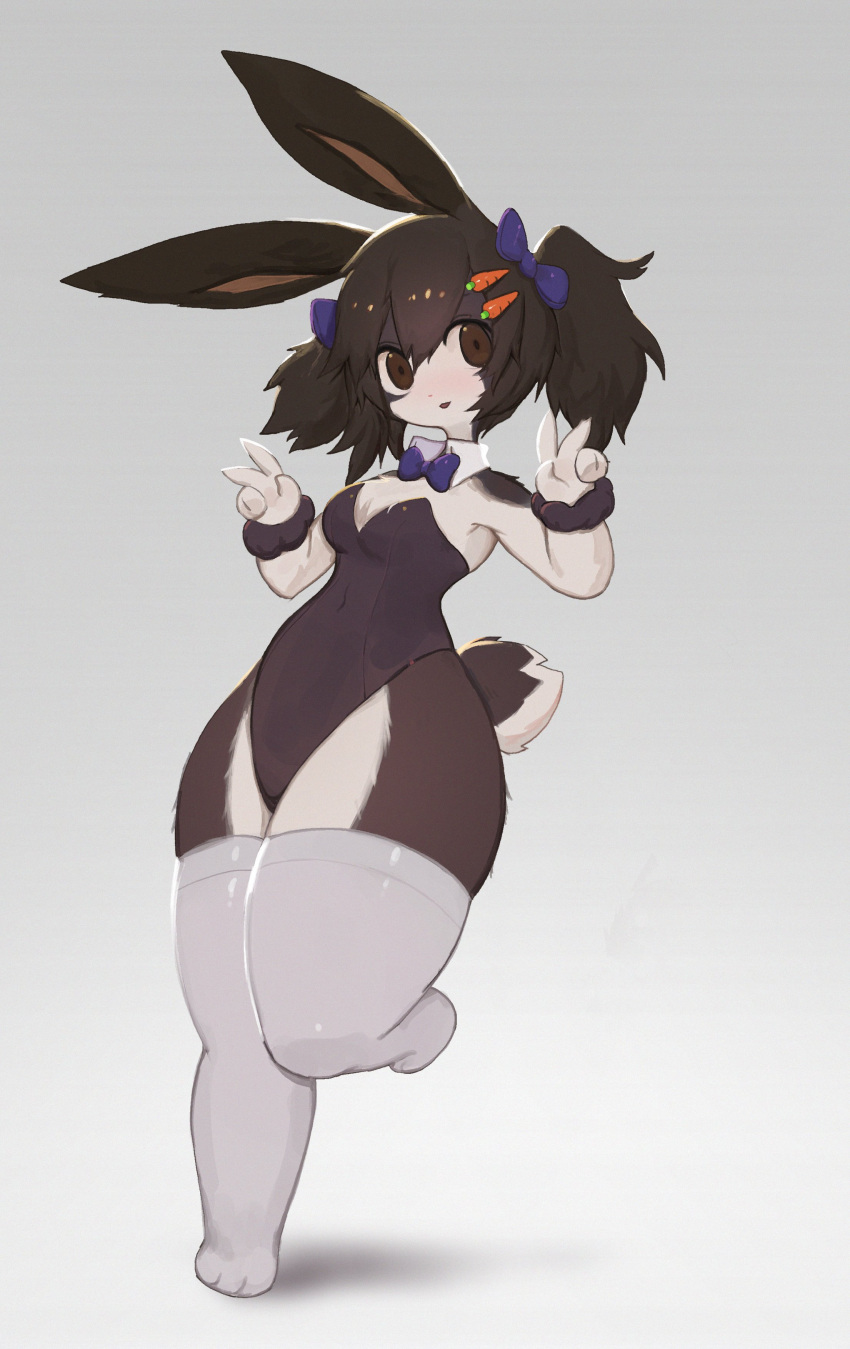 1girls anthro black_hair blush bowtie brown_eyes bunnysuit carrot_hair_ornament cute detached_collar double_v female female_only full_body fur furry furry_only hair_ribbon hairclip leg_belt leotard leporid looking_at_viewer neck_ribbon peace_sign rabbit rabbit_ears rabbit_tail smiling_at_viewer soda_uyu solo standing_on_one_leg stockings thick_thighs thigh_squish thighhighs twintails v v_sign very_high_resolution white_stockings white_thighhighs