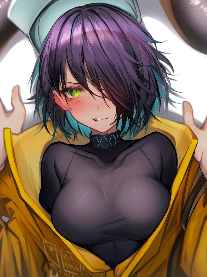 absurdres arknights asbestos_(arknights) bangs black_hair black_shirt blush doctor_(arknights) female green_eyes grin hair_over_one_eye hat highres jacket long_sleeves looking_at_viewer pov pov_hands shirt short_hair smile solo_focus tab_head taut_clothes taut_shirt yellow_jacket